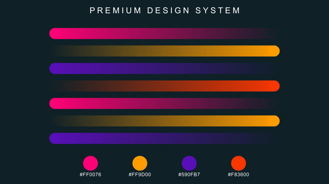 Premium design system color palette vector, modern UI kit with vibrant gradient bars and hex codes, professional brand identity style guide for web development and digital interface design