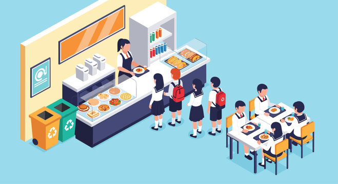 High school students wait in line at school cafeteria counter to receive healthy lunch meals from professional staff.