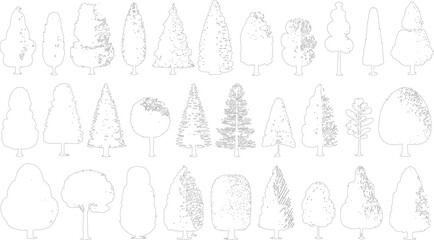 Collection of black and white line of various deciduous and coniferous trees with detailed foliage textures © Pixel Park