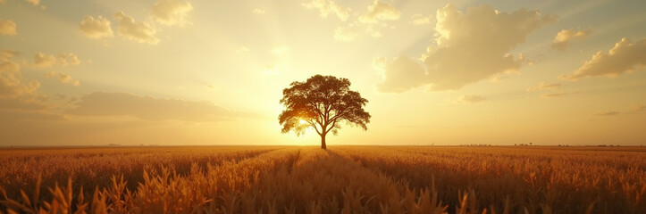 Fototapeta premium Solitary tree in golden wheat field at sunset, expansive landscape with warm sunlight highlighting nature's beauty. Stunning scenery showcases the peacefulness of rural life,