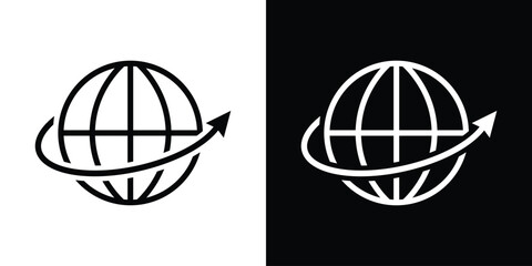Minimalist globe icon with an upward-pointing arrow orbiting the sphere. Symbolizes global business growth, economic expansion, international progress, and worldwide market trends. © bibin