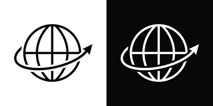 Minimalist globe icon with an upward-pointing arrow orbiting the sphere. Symbolizes global business growth, economic expansion, international progress, and worldwide market trends.