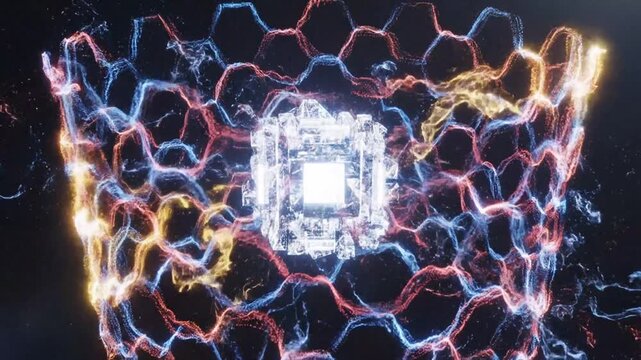 Futuristic quantum processor surrounded by a vibrant data grid