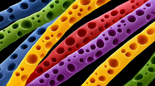 This image is a vibrant, stylized 3D medical illustration ,
the image highlights the detailed, pebbled texture of the fibers, suggesting a conceptual visualization of cellular cross-sections or synthe