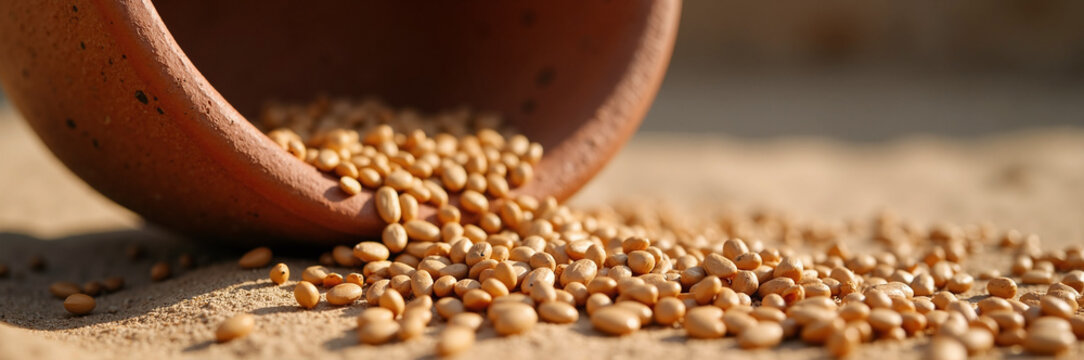Seed spilling from terracotta pot on sandy ground captures essence of abundance and nourishment. The image illustrates seeds that symbolize growth and potential,
