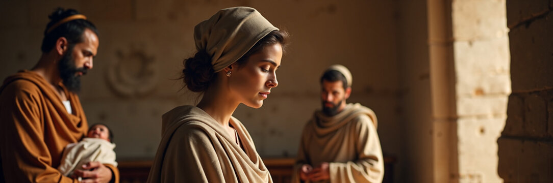 Nativity scene with Mary, Joseph, and baby portrayed in biblical setting. Emotional depiction captures essence of nativity through expressions and placement of figures.