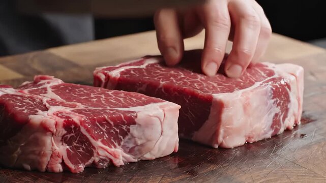 Chef Slicing Raw Beef Steak on Wooden Cutting Board With Large Knife, Close Up