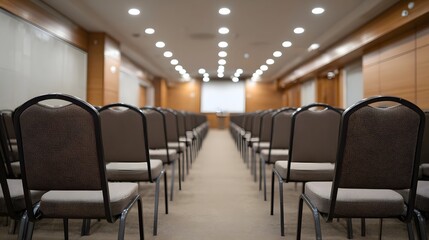 Fototapeta premium Rows of empty upholstered chairs in a well lit conference hall facing a projection screen at the front