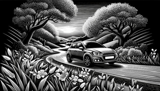 High contrast white engraved line art of a hatchback car on a spring road trip.