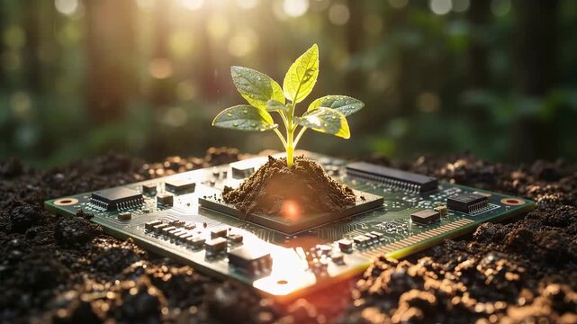 Green sprout growing from an electronic circuit board chip in soil with forest sunlight, representing green technology, sustainable hardware, eco-friendly innovation, and corporate ESG transformation.