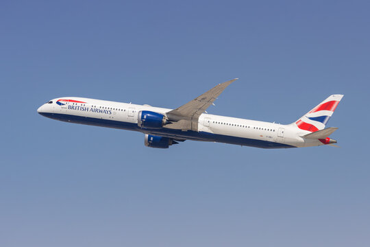British Airways Boeing 787-10 Dreamliner airplane at Dubai airport in the United Arab Emirates