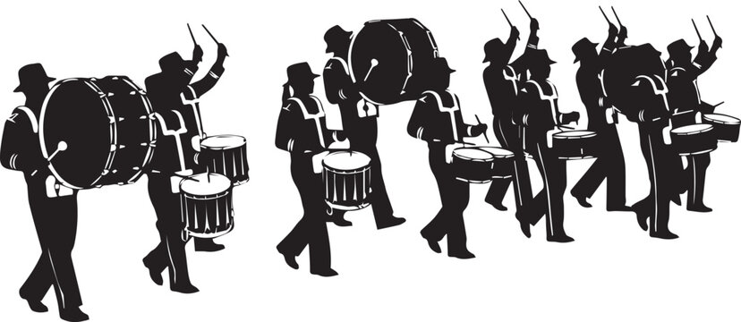 Marching band silhouette vector illustration featuring drum corps performers in formation