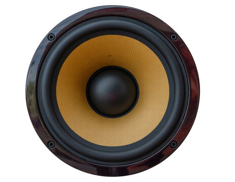Close-up of a black and yellow speaker woofer isolated on a transparent background