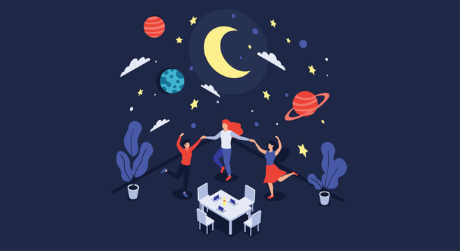 Friends celebrate and dance together in a room under a magical night sky filled with glowing stars and colorful planets.
