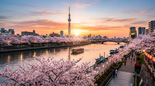 A picturesque sunset over Tokyo's Sumida River, adorned with vibrant cherry blossoms and the iconic Skytree in the background.