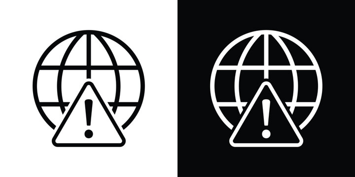 Vector icon of a globe with a prominent warning triangle and exclamation mark. Represents global alerts, internet security risks, worldwide emergencies, and system error notifications.