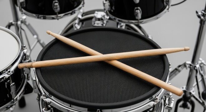 Drumsticks crossed on a black electronic mesh snare drum pad for music practice, rehearsal, and professional studio recording