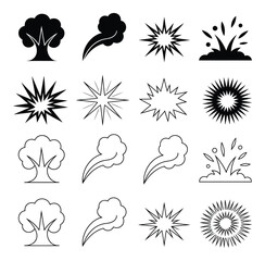Fototapeta premium Collection of Black and White Trees, Explosions, and Smoke Puffs