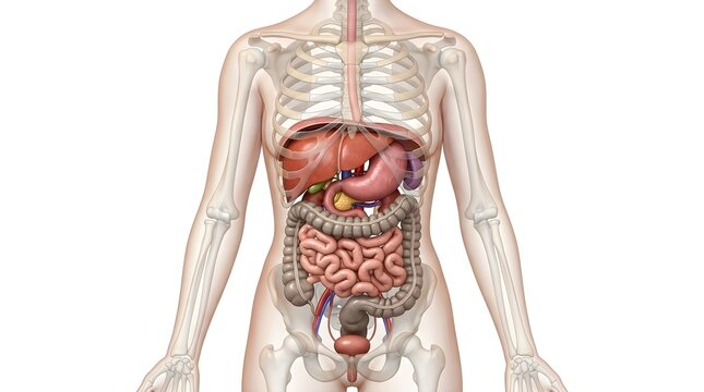 Comprehensive medical illustration of the human body, highlighting the digestive tract, vital internal organs, and bone structure for anatomical understanding and education