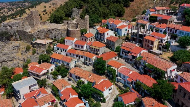 Aerial View of the Traditional Village and Fortress in Samothraki
