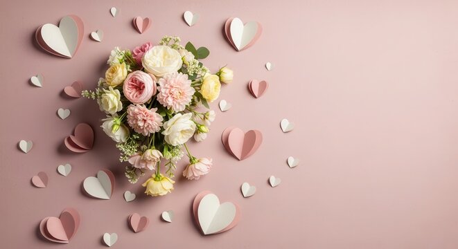 Beautiful floral bouquet with paper hearts on a pastel pink background for Valentines day