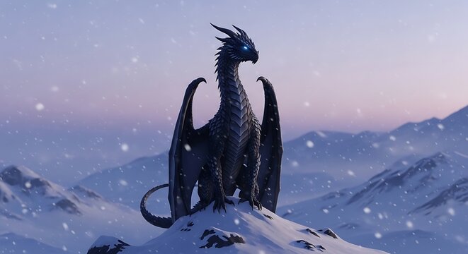 Dragon standing on snowy mountain peak.