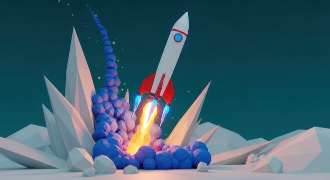 Rocket launch in a low poly 3D art style blasting off from a crystalline landscape representing business startup success, project growth, and exploration
