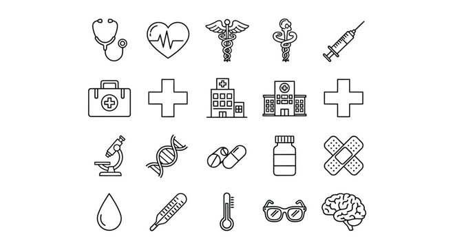 Collection of medical icons and symbols in a flat design silhouette