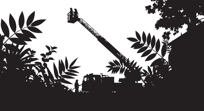 Black silhouette of people on a cherry picker surrounded by foliage