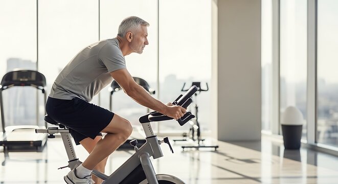 Senior man exercising on stationary bike.
