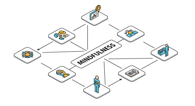 Mind map diagram showing various icons related to mindfulness, meditation, health, and personal well-being on connected tablets.