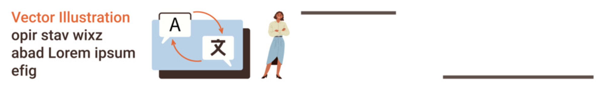 Language learning, education, translation technology, communication, globalization, multilingualism. Woman standing next to laptop with translation bubbles. Language learning and education concept