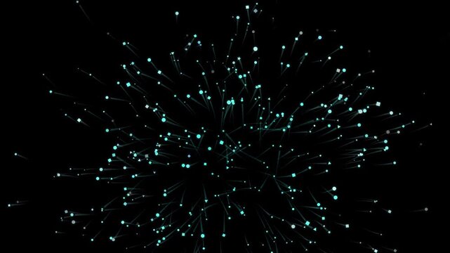 Abstract teal particles exploding and scattering in a dynamic animation over black background creating a futuristic effect with a digital feel