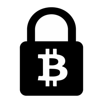 Vector padlock icon with a white bitcoin symbol inside it.