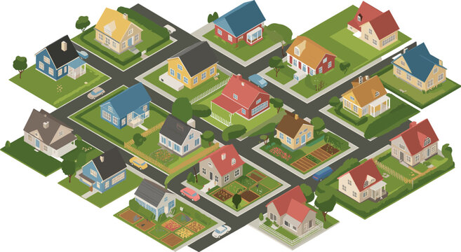 Isometric suburban neighborhood with colorful houses streets gardens residential district urban planning homes community landscape modern living illustration
