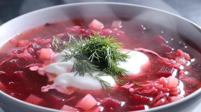 Steaming Bowl of Borsch Soup Garnished With Sour Cream and Fresh Dill