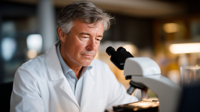 Pharmacologist examines cellular senescence samples through microscope in anti-aging research institute, senolytics development targeting zombie cells to extend healthy human lifespan and vitality, 