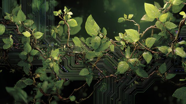Nature's Circuit: A captivating blend of technology and nature, with delicate green leaves and winding vines intertwined against a backdrop of intricate circuit patterns. A harmonious fusion