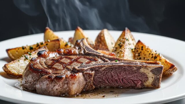 Steaming Hot T-Bone Steak With Roasted Potatoes Served on a White Plate, Close Up
