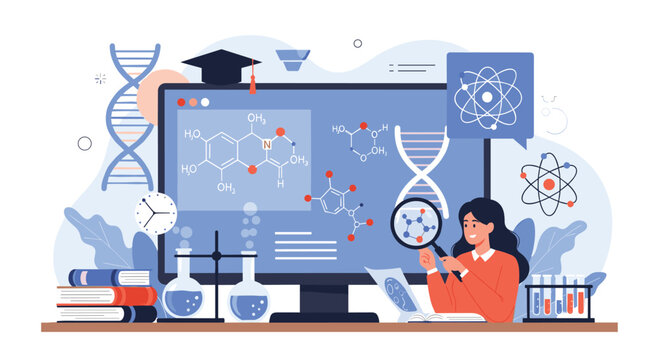 Student uses a magnifying glass to study chemical structures on a large computer screen in a science laboratory.