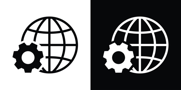 Black globe with latitude and longitude lines beside a gear icon on white background, symbolizing global settings, international configuration, and worldwide technology concepts.