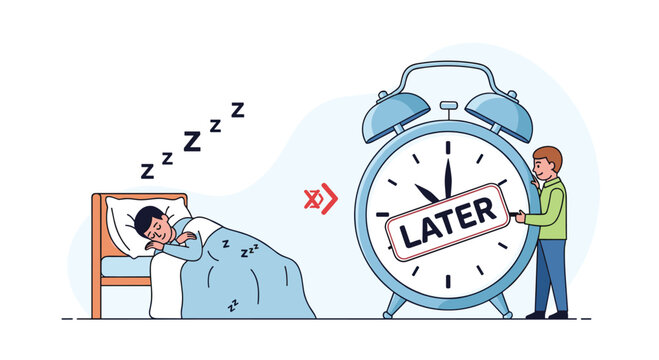 Young man procrastinates by sleeping in bed while another person moves a giant alarm clock labeled later for his morning work shift.