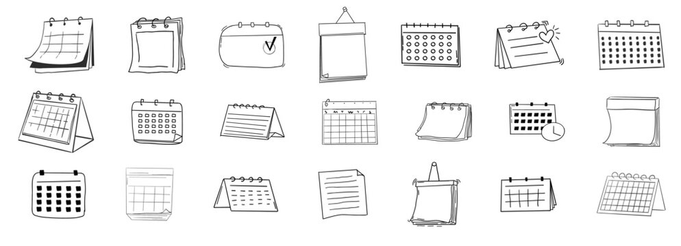 Calendar blank template in doodle style, sketch hand drawn clip art for planning, diary, sticker. Hanging line schedule planner. Reminder and calendar with a check.