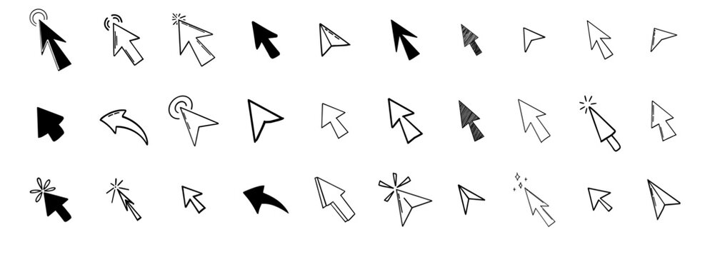 Arrow click icon. Mouse cursor arrow doodle hand drawn sketch icon set, pointer press here tap button. Scribble action type ui interface design element 