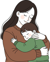 Obraz premium A heart-warming flat vector illustration of a mother gently hugging her sleeping toddler, symbolizing maternal love, parental care, family bonding, and peaceful childhood moments.