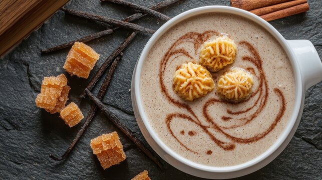 Premium restaurant style cinnamon atole with decorative swirl pattern served in white ceramic bowl, garnished with vanilla beans and piloncillo sugar on slate surface