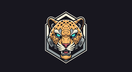 Obraz premium Futuristic Cybernetic Leopard Head Mascot Logo Design with Mechanical Armor and Glowing Eyes