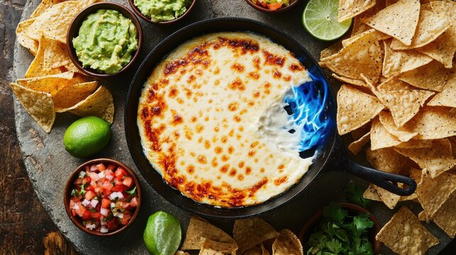 Premium restaurant queso flameado with dramatic blue flames in cast iron skillet surrounded by fresh guacamole, pico de gallo and corn tortilla chips