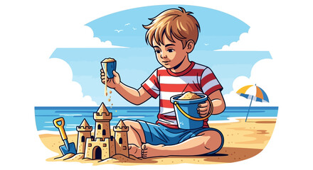 Naklejka premium Boy playing with sand building a castle on a beach