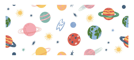 Seamless pattern with hand drawn colorful planets stars and suns on a white background featuring various celestial bodies with rings and craters in a flat style © Jibit